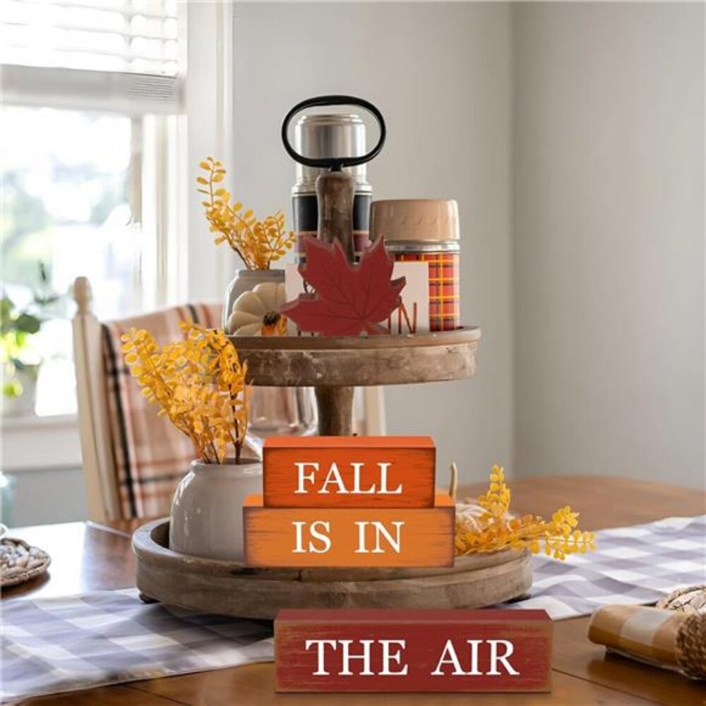 4 PCS Fall Maple Leaf Wooden Table Block Sign Thanksgiving Wood Tiered Tray - Picture 5 of 8